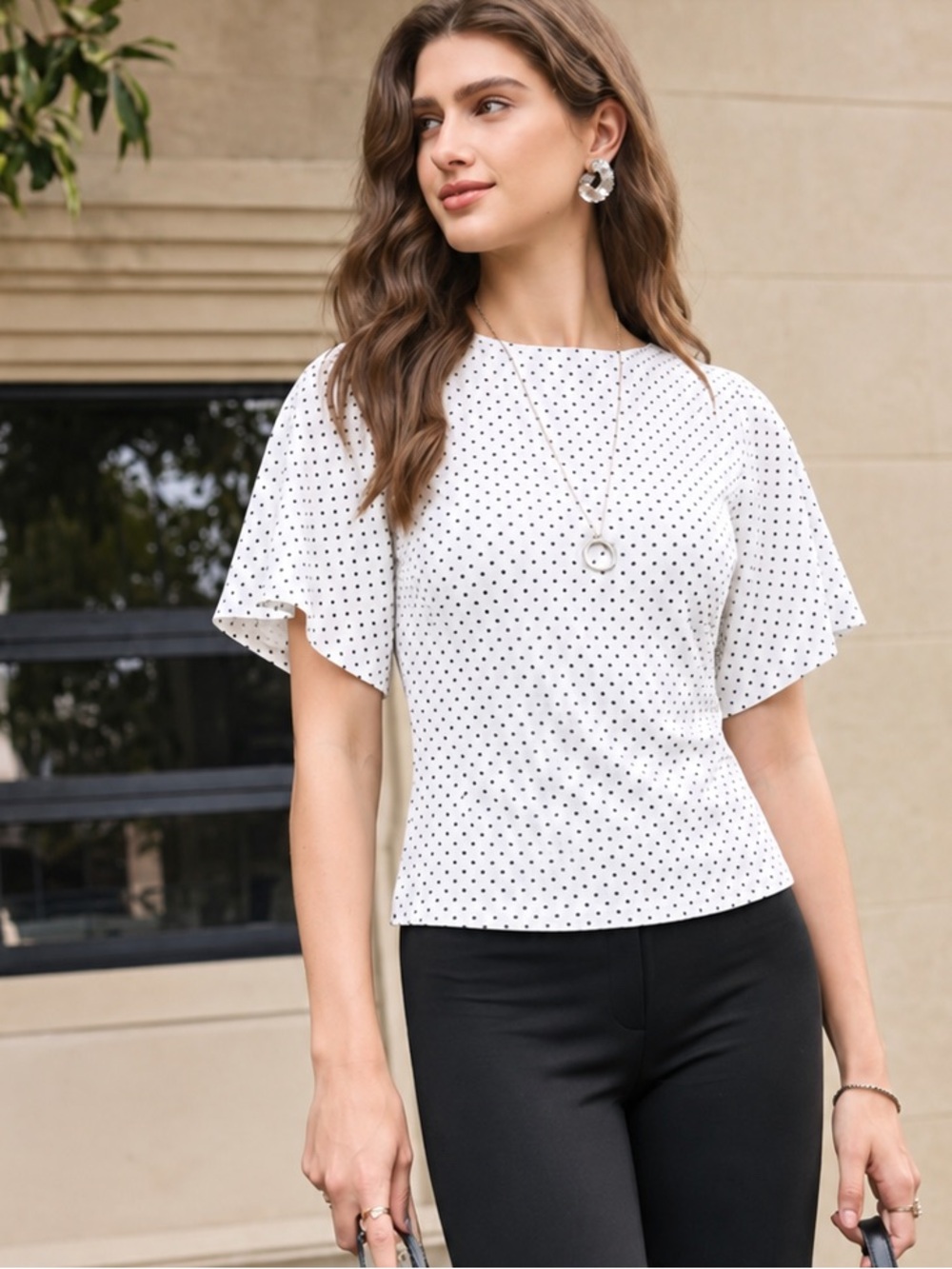 OGL Soft Stretch Cotton Boatneck Flutter Sleeves Polka Dot Top – Med NWT